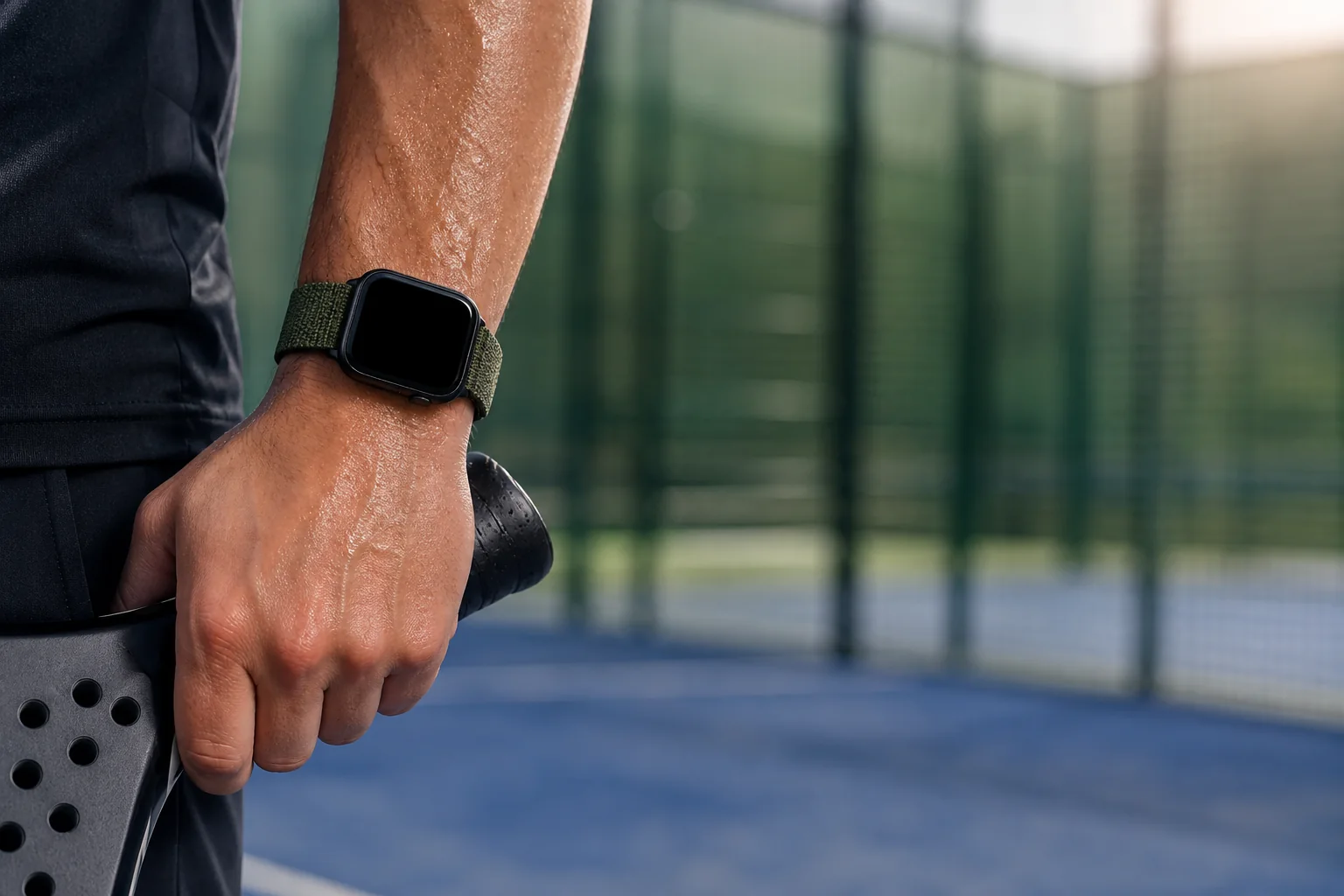 A close view of a wrist wearing a sports watch with an orange band, padel racket grip and court surface out of focus behind