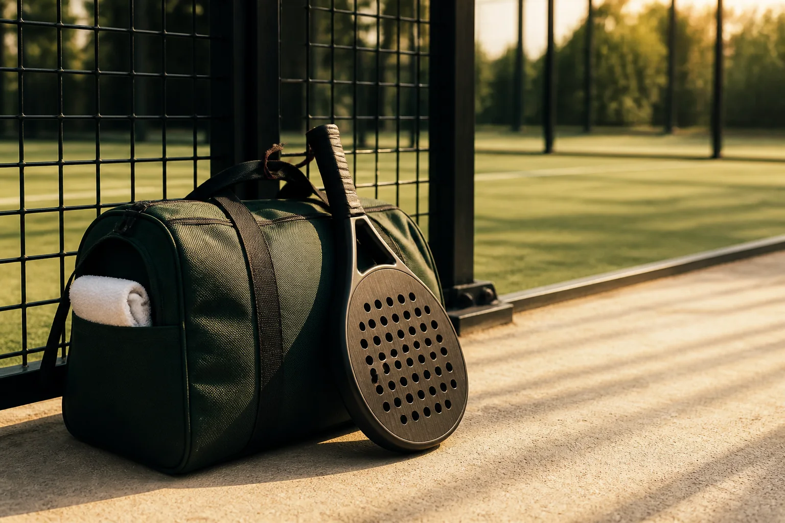 A sports bag and a padel racket leaning against the court fence, phone zipped away inside the bag