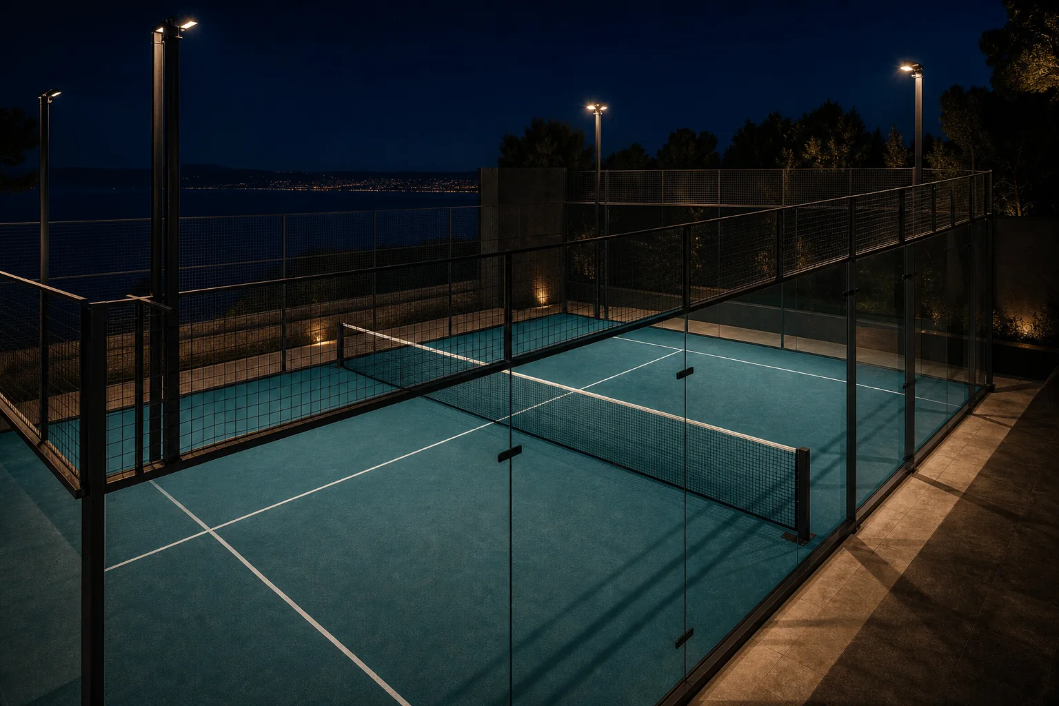 An empty floodlit padel court photographed from a high corner, long shadows across the blue playing surface