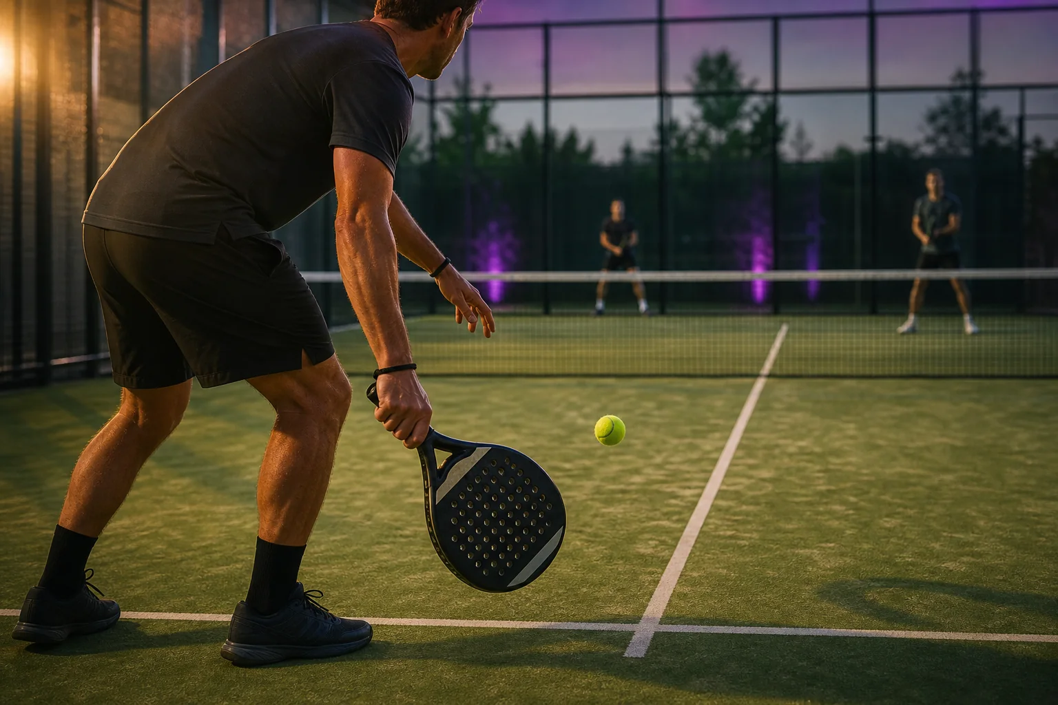 A padel player mid underarm serve, racket low and ball just above the court surface, opponents waiting at the net
