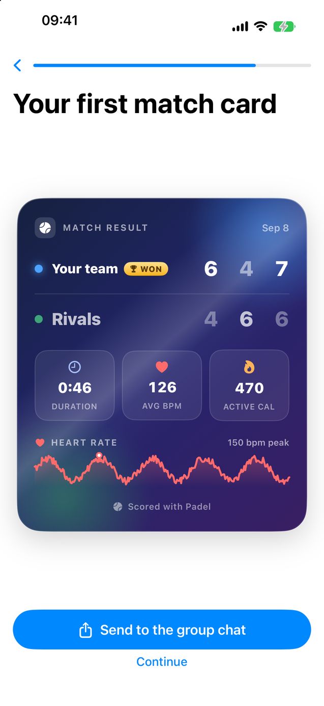 Shareable padel match card with the set scores 6-4, 4-6, 7-6, a WON badge, duration, average BPM, active calories and the heart rate trace