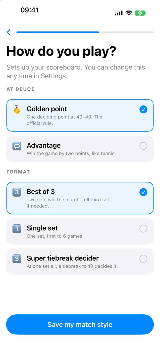 Padel scoring rules picker: golden point or advantage at deuce, and best of 3, single set or super tiebreak decider